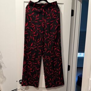 Wide Leg Black Pants with Red Leaf Pattern